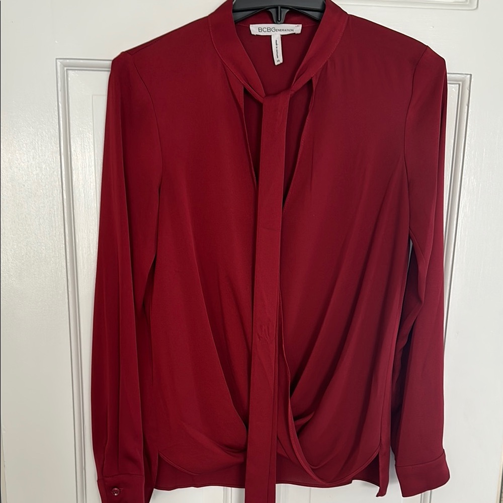 BCBGeneration Red Long Sleeve Blouse with Tie Front and Mandarin Collar